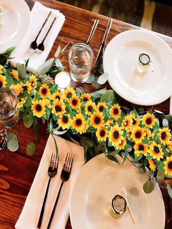 1/2/3pcs Artificial Sunflower Wreath, Silk Sunflower Hanging Garland With Green Leaves, Suitable For Room, Kitchen, Garden, Birthday, Wedding, Party, Dining Table Decor