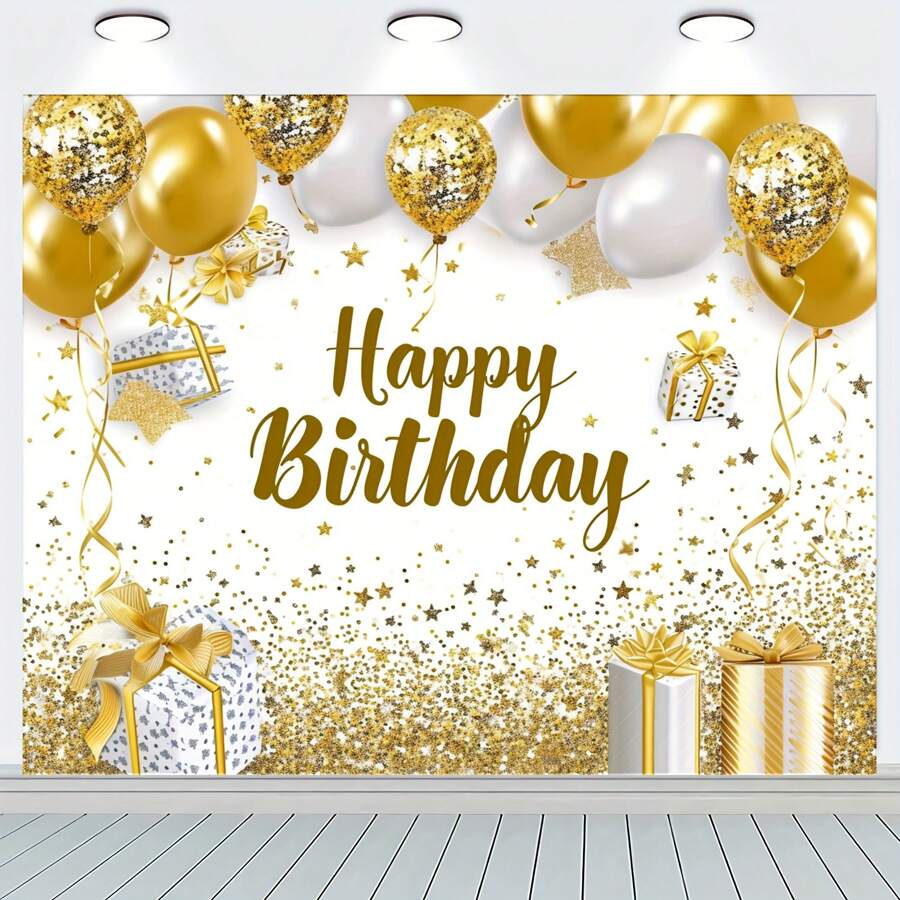 1 pieza, Banner de decoraciones de fiesta de cumpleaños blanco y dorado, telón de fondo de feliz cumpleaños blanco y dorado, gran fondo de fotografía de cumpleaños blanco y dorado para decoración de fiesta de mujeres y hombres - Multicolor - Ver 1