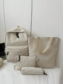 4 件套书包套装背包笔记本电脑背包帆布背包大容量便携式多功能适合返校户外旅行运动纯色帆布简约适合学生适合高中生大学生毕业生送给朋友的礼物旅行配件，Tready 背包，书包，书包，学生书包套装带铅笔盒，时尚女式带袋书包，适合学校、大学和旅行的理想书包套装 - 白色 - 查看 9
