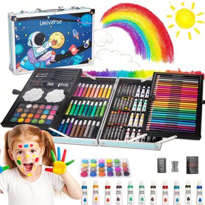 Set de Arte Profesional ,Kit de Dibujo 145 Piezas, Juego de Dibujo con Plumones, Colores, Pinturas, Aquarelas y Crayolas,Maletín Plegable de Aluminio, Ideal Regalo para Niños, Suministros de Arte Escolar, Estudiantes, Principiantes y Artistas