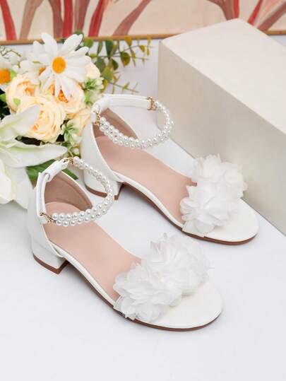 1 Pair Summer New Fashion Roman High Heel Pearl Decor Sandals, Girls High Heel Dance Shoes, Student Performance & Casual Wear Sandals, Wedding Shoes