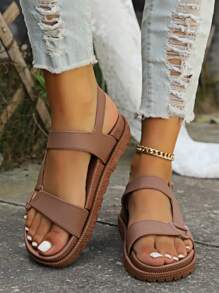 1 Pair Women's Sports Sandals, Hook And Loop Design, Flat, Fashion, Casual, Soft Bottom, Beach Slippers, Suitable For Summer, Size Runs Small