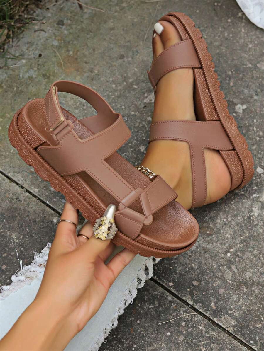 1 Pair Women's Sports Sandals, Hook And Loop Design, Flat, Fashion, Casual, Soft Bottom, Beach Slippers, Suitable For Summer, Size Runs Small