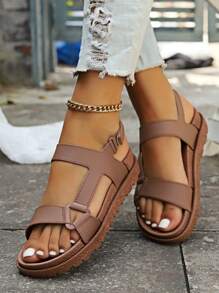 1 Pair Women's Sports Sandals, Hook And Loop Design, Flat, Fashion, Casual, Soft Bottom, Beach Slippers, Suitable For Summer, Size Runs Small