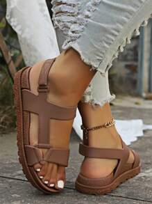 1 Pair Women's Sports Sandals, Hook And Loop Design, Flat, Fashion, Casual, Soft Bottom, Beach Slippers, Suitable For Summer, Size Runs Small