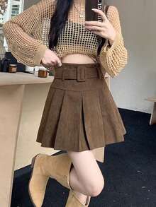 新款秋季女式高腰百褶迷你裙 - 咖啡棕 - 查看 4