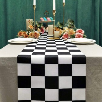 1pc/500pcs Black & White Grid Style Table Runner, Polyester Material, 35x180cm, Retro Rustic Bohemian Theme, Suitable For Daily Home Table Decor