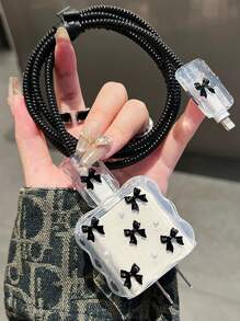 5pcs Black Bow Data Cable Protector Compatible With 20W Apple Charger Charger Protector