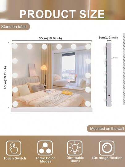 FENCHILIN Hollywoo Spiegel Lighting 14 Dimmer LED Lights Make Up Temperatures Touch Control Makeup Dressing Tafel 50 42 Cm Wit view 7