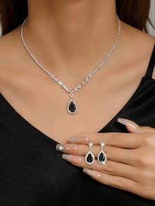 1 chiếc vòng cổ mặt hình giọt nước đính đá Rhinestone thanh lịch + 1 đôi bông tai hình giọt nước đính đá Rhinestone sang trọng, bộ trang sức thời trang 3 món cho phụ nữ dự tiệc/đám cưới - màu trắng bạc - Xem 1