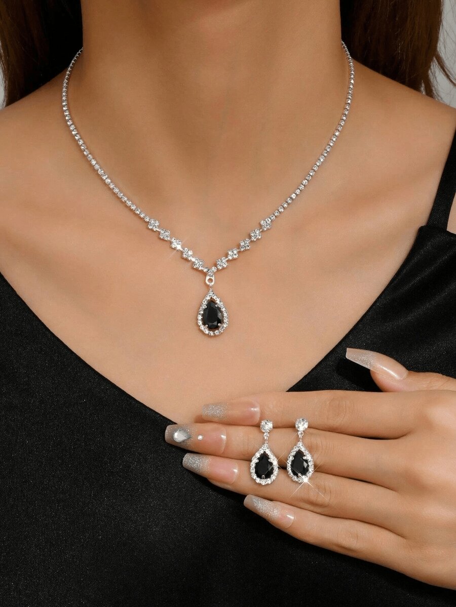 1 chiếc vòng cổ mặt hình giọt nước đính đá Rhinestone thanh lịch + 1 đôi bông tai hình giọt nước đính đá Rhinestone sang trọng, bộ trang sức thời trang 3 món cho phụ nữ dự tiệc/đám cưới - màu trắng bạc - Xem 1
