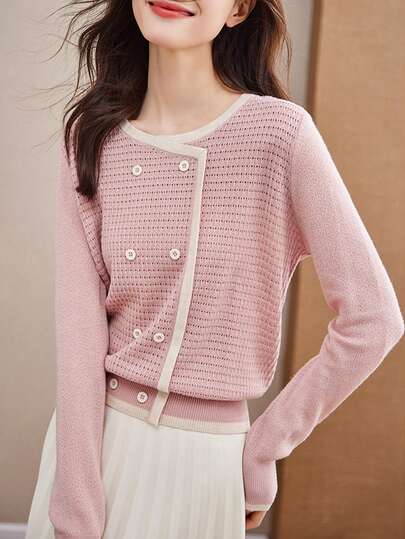 Women Contrast Color Knit Long Sleeve Casual Sweater