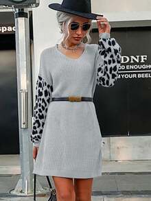 Vestido de punto jacquard para mujer con escote en V y mangas farol, sin cinturón