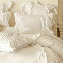 4 件套柔软拉绒花卉荷叶边 + 绒球公主床上用品套装（1 * 床单 + 1 * 羽绒被套 + 2 * 枕套，不含填充物），透气吸湿排汗，简约浪漫风格，适用于卧室和客房，可机洗 - 毛球-白 - 查看 4