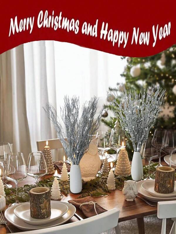 12Pcs Christmas Tree Artificial Glitter Berry Stem Ornaments Glitter Branches Home Holiday Christmas Party Decoration Supplies,Christmas