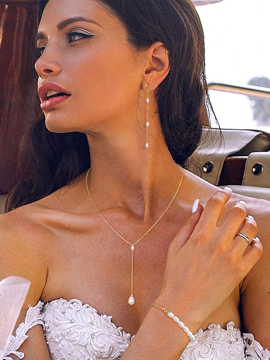 1pc Elegant Classic Faux Pearl Gold Jewelry Combination Set For Women Charm Drop Shaped Faux Pearl Pendant Necklace And Tassel Earrings Bracelet Combination For Girls Fashion Exquisite Wedding Jewelry Suitable For Party Wear