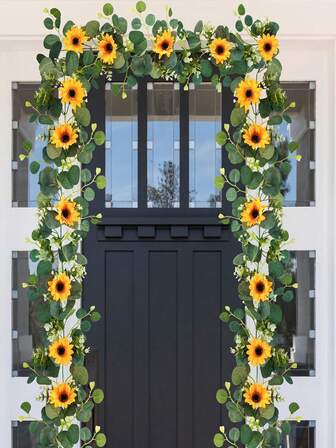 1/2/3pcs Artificial Sunflower Wreath, Silk Sunflower Hanging Garland With Green Leaves, Suitable For Room, Kitchen, Garden, Birthday, Wedding, Party, Dining Table Decor