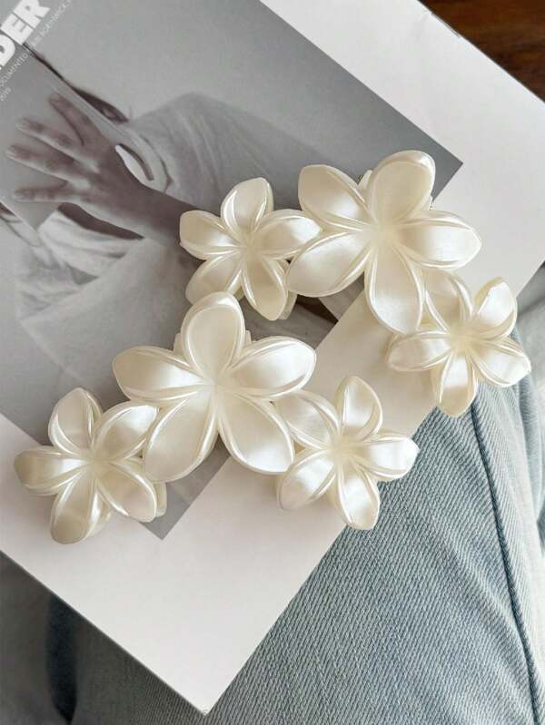 Set de 6 pinzas para el cabello con flor de perla blanca de 10 cm para mujeres, estilo minimalista de sujetador de moño para vacaciones en la playa, accesorios de moda para el cabello, pinzas de garra con flor para un estilo casual