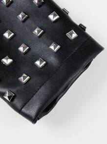 Giolshon Women's Spring And Autumn Models Of Simple And Versatile Square PU Rivets Models Of Fashion Biker Jacket Complimentary Belt - Black - View 12