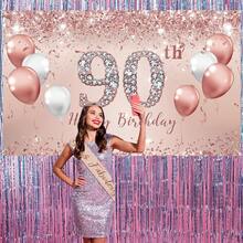 Decoración de fiesta de 90 cumpleaños para mujeres, pancarta y mantel de cumpleaños 90 en rosa dorado, faja y tiara "90 & fabulosa", 1 pieza de adorno de torta "Feliz 90 cumpleaños", globos con número 90 en rosa dorado - Dorado - Ver 6