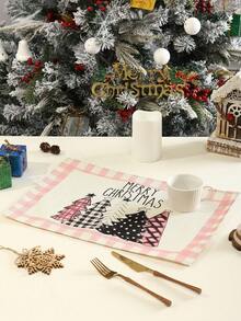 Napperons de Noël, set de 4 napperons en lin à carreaux roses et blancs avec sapin de Noël, 12x18 pouces, décorations de table saisonnières de Noël et du Nouvel An pour fête, cuisine et salle à manger, décoration de Noël et de la maison, cadeaux de Nouvel An 2025