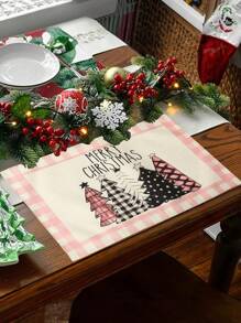 Napperons de Noël, set de 4 napperons en lin à carreaux roses et blancs avec sapin de Noël, 12x18 pouces, décorations de table saisonnières de Noël et du Nouvel An pour fête, cuisine et salle à manger, décoration de Noël et de la maison, cadeaux de Nouvel An 2025