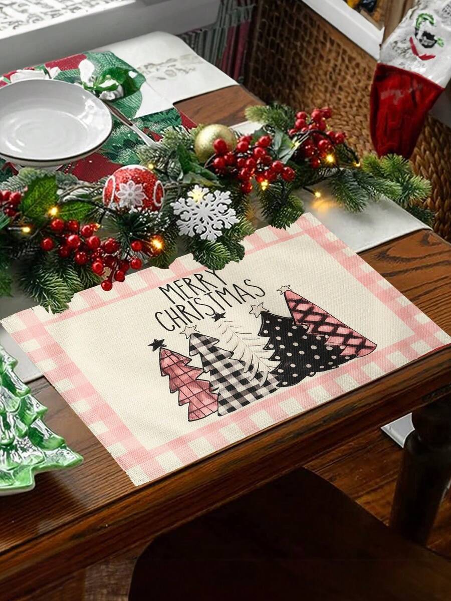 Napperons de Noël, set de 4 napperons en lin à carreaux roses et blancs avec sapin de Noël, 12x18 pouces, décorations de table saisonnières de Noël et du Nouvel An pour fête, cuisine et salle à manger, décoration de Noël et de la maison, cadeaux de Nouvel An 2025