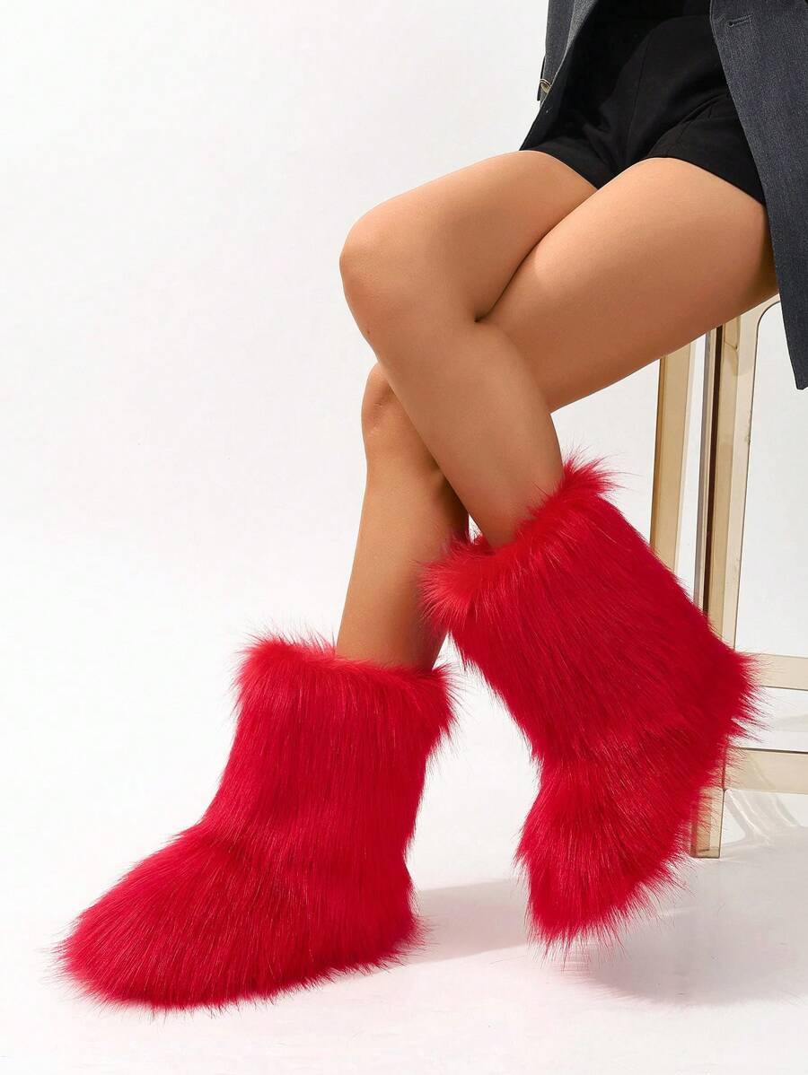 Women's Long Shaft Boots, Warm Round Toe Anti-Slip Furry Snow Boots, Mid-Calf, Fashionable Women's Short Shaft Furry Boots,New Year Outfits - Red - View 1