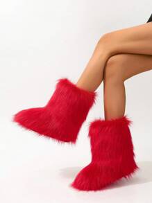 Women's Long Shaft Boots, Warm Round Toe Anti-Slip Furry Snow Boots, Mid-Calf, Fashionable Women's Short Shaft Furry Boots,New Year Outfits - Red - View 2