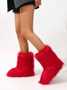 Women's Long Shaft Boots, Warm Round Toe Anti-Slip Furry Snow Boots, Mid-Calf, Fashionable Women's Short Shaft Furry Boots,New Year Outfits - Red - View 3
