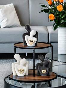 1pair Modern Minimalist Style Gold-Plated Heart-Shaped Ceramic Figurines, Living Room TV Stand Cabinet Entrance Hugging Couple Art Decor, Bedroom Valentine Anniversary Birthday Romantic Gift - Multicolor - View 4
