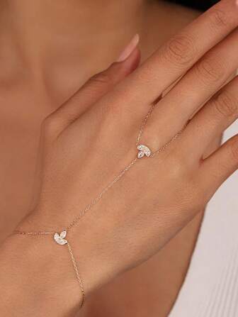 STONEFANS 1 件装玫瑰金简约金属链条背手叶形指环链手链女士