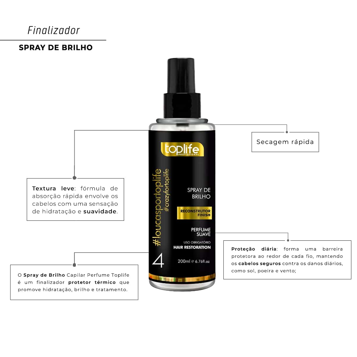 Hair Perfume Reconstructor Shine Spray Finish 200mL Toplife Professional - 無色 - 查看 1