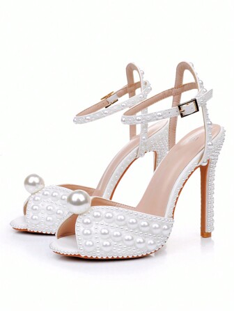 11 厘米白色珍珠新娘凉鞋，象牙色珍珠镂空铆钉露趾细高跟凉鞋，时尚婚礼伴娘鞋，手工珍珠踝带派对舞会礼服高跟鞋