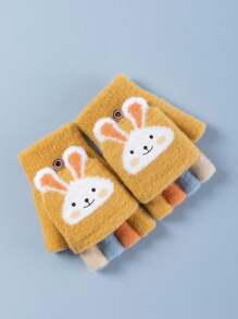 1 双儿童 4-11 岁冬季露指手套，卡通加厚保暖内衬半指翻盖手套，适合男孩和女孩