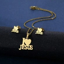 Wis Fashion Stainless Steel Jesus Cross & Letter JESUS Pendant Necklace Set For Women, Men Heart Shaped Letter Pendant Necklace Jewelry Set, Christian Symbol Jewelry Gift Valentines,Mom,Mother,Mother's Day,Gift - JESUS - View 7