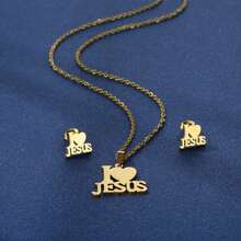 Wis Fashion Stainless Steel Jesus Cross & Letter JESUS Pendant Necklace Set For Women, Men Heart Shaped Letter Pendant Necklace Jewelry Set, Christian Symbol Jewelry Gift Valentines,Mom,Mother,Mother's Day,Gift - JESUS - View 8