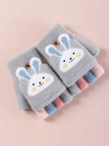 1 双儿童 4-11 岁冬季露指手套，卡通加厚保暖内衬半指翻盖手套，适合男孩和女孩