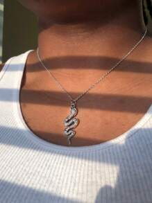 3 件套蛇形项链和耳环套装，适合日常佩戴 - 復古銀色 - 查看 3