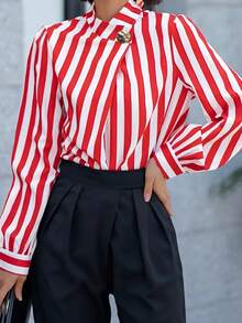 Women's Striped Print Button-Down Long Sleeve Shirt - Red and White - View 3