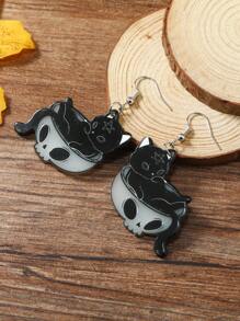 1對可愛暗黑風格骷髏貓耳環 - 黑色 - 查看 2