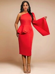 One-Shoulder Ruffle Trimmed Bodycon Party Dress With Open Back - Red - View 5