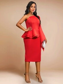 One-Shoulder Ruffle Trimmed Bodycon Party Dress With Open Back - Red - View 4