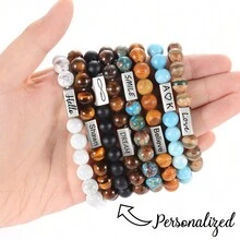 Tên/Ngày/Văn bản có thể tùy chỉnh Vòng đeo tay đàn hồi đính cườm với phụ kiện bằng thép không gỉ được khắc bằng laser, hạt tròn 8 mm với nhiều màu sắc dành cho nữ - màu đen - Xem 1