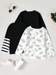 3pcs/Set Young Boy Casual Long Sleeve T-Shirt With Dinosaur Pattern, Cool