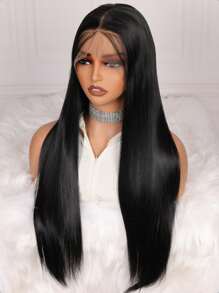 Very Soft Lace Front Wig Synthetic Natural Super Long 32inch 180density Soft Black Silky Straight Hair Wig For Women Natural Hairline Smooth Straight Wig With Afro Baby Hair  1pc