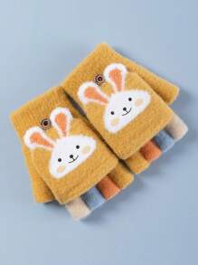 1 双儿童 4-11 岁冬季露指手套，卡通加厚保暖内衬半指翻盖手套，适合男孩和女孩