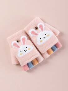 1 双儿童 4-11 岁冬季露指手套，卡通加厚保暖内衬半指翻盖手套，适合男孩和女孩