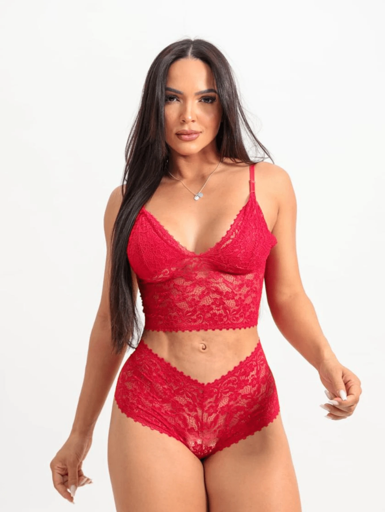Women's Lace Cropped Langerie Set Baby Doll Lining With Adjustment - Red - View 1