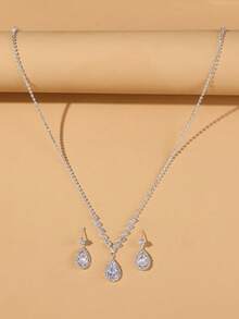 1 chiếc vòng cổ mặt hình giọt nước đính đá Rhinestone thanh lịch + 1 đôi bông tai hình giọt nước đính đá Rhinestone sang trọng, bộ trang sức thời trang 3 món cho phụ nữ dự tiệc/đám cưới - màu trắng bạc - Xem 10